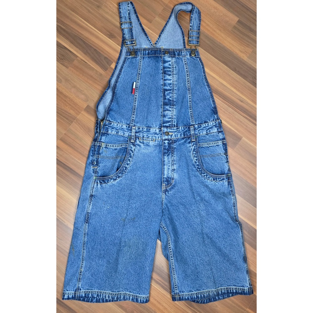 VTG Tommy Hilfiger Tommy Jeans Denim Overall Shorts Shortalls Blue Medium Wash